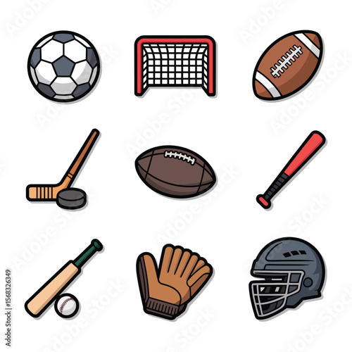 Team Sports Icon Set. Flat icon set of team field sports: soccer ball, goal post, rugby ball, field hockey stick, lacrosse helmet vector 

