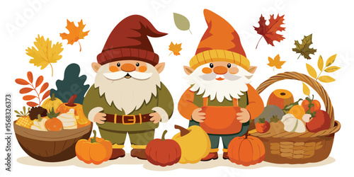 Two Autumn Gnomes with Pumpkins and Fall Harvest Vegetables