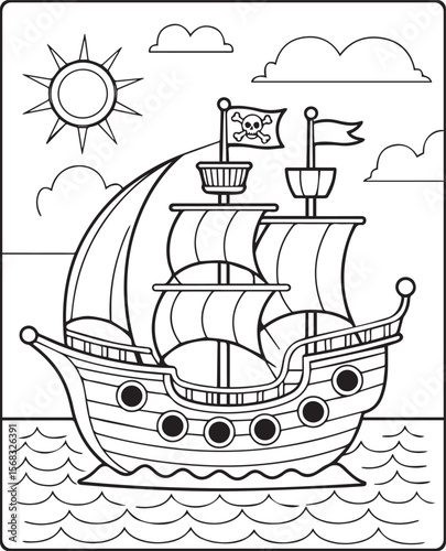 Beautiful ship on sea water in natural sky scenery black vector line art illustration for children coloring page or book design