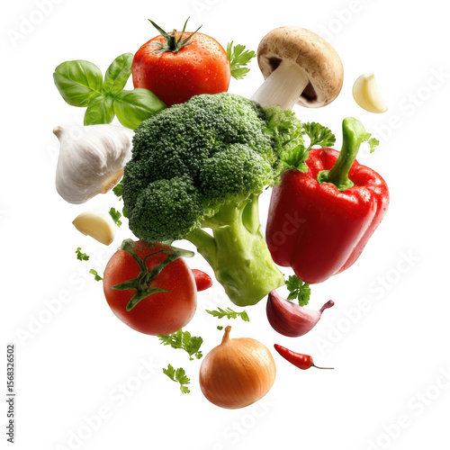Assortment of fresh vegetables and ingredients floating together isolated on transparent background