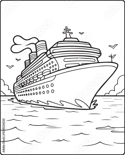 Beautiful cruise ship on sea water in natural sky scenery black vector line art illustration for children coloring page or book design