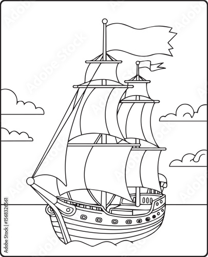 Beautiful ship on sea water in natural sky scenery black vector line art illustration for children coloring page or book design