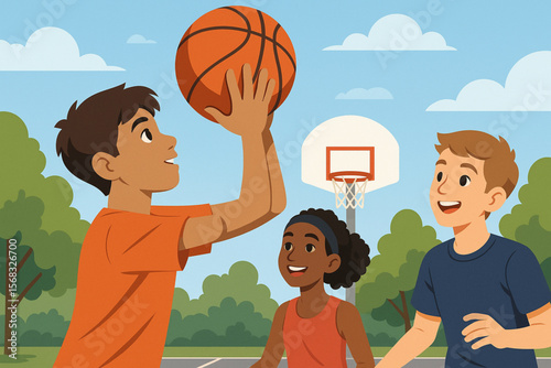 Illustration of Teenager with Partial Arm Difference Playing Basketball Outdoors with Friends