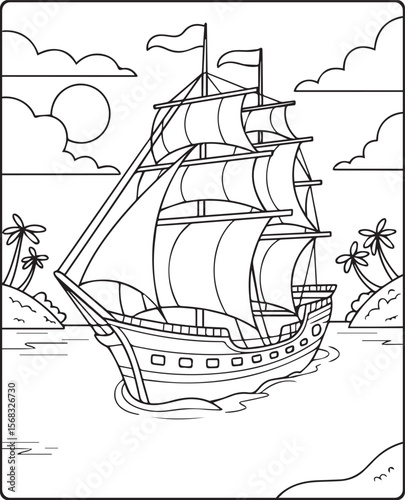Beautiful ship on sea water in natural sky scenery black vector line art illustration for children coloring page or book design
