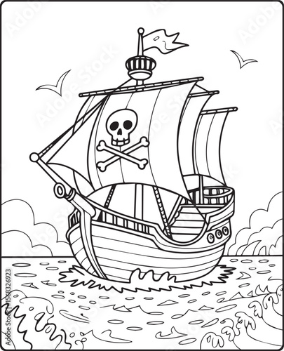 Beautiful ship on sea water in natural sky scenery black vector line art illustration for children coloring page or book design