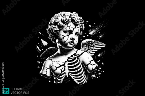 cupid sculpture scary creepy style tattoo dark art illustration vector black and white background templates