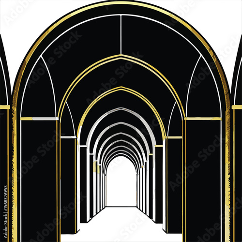 Dark city tunnel architecture with ancient stone arches and a long, illuminated corridor