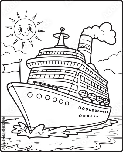 Beautiful cruise ship on sea water in natural sky scenery black vector line art illustration for children coloring page or book design