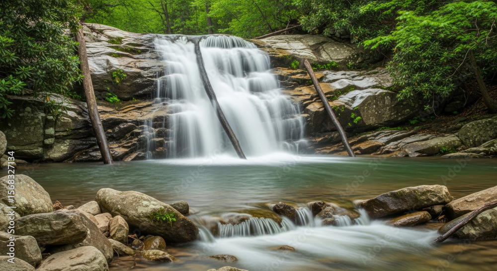 Fototapeta premium Serene Forest Waterfall Cascading Over Rocks
