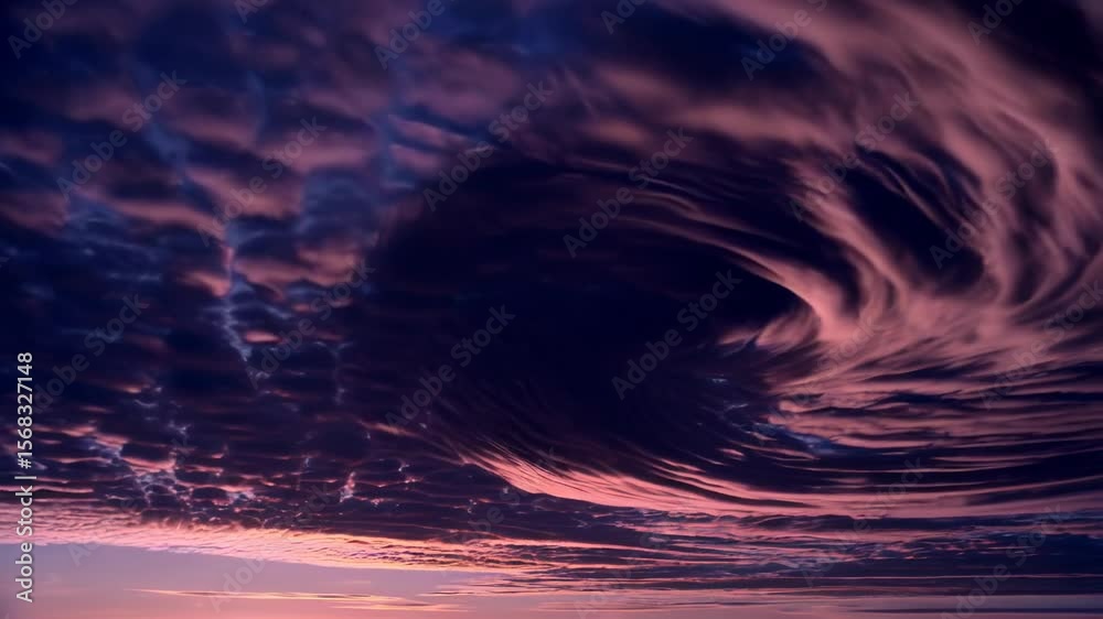 Dramatic swirling clouds in the evening sky with vivid purple and pink colors creating abstract stormy background - cool tones and surreal atmosphere - weather and fantasy