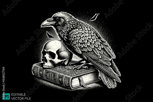 Skull head and raven scary creepy style tattoo dark art illustration vector black and white background templates