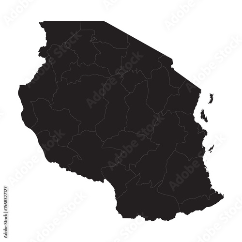 black silhouette map of tanzania with internal region borders isolated on white background, vector outline