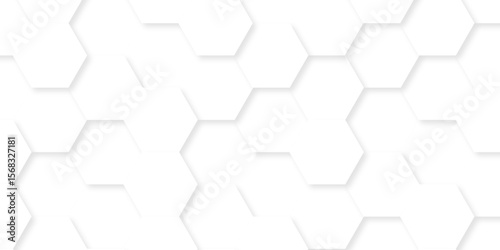 Minimal white hexagonal hexagon modern technology creative emboss light honeycomb polygonal web. abstract geometric science and mosaic tile with template texture background.	

