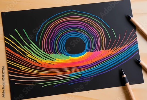 DIY scratch art created with black-coated paper and wooden stylus,