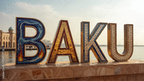 Colorful Mosaic Baku Sign on Seaside Promenade with Historic Architecture in Background, Tourism Landmark in Azerbaijan