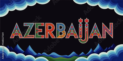 Azerbaijan Decorative Typography with Traditional Pattern Elements, Stylized Mountains and Clouds - Vector Art Illustration