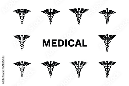 Set of caduceus medical snake vector icon