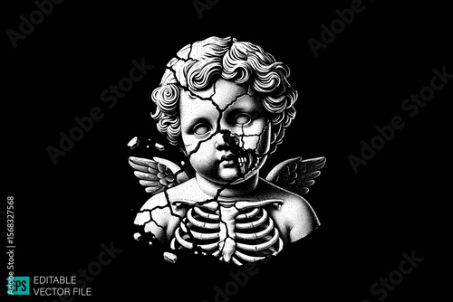 cupid sculpture scary creepy style tattoo dark art illustration vector black and white background templates