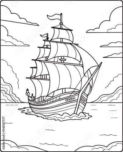Beautiful ship on sea water in natural sky scenery black vector line art illustration for children coloring page or book design
