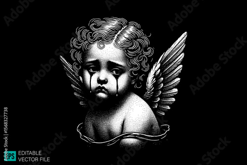 cupid sculpture scary creepy style tattoo dark art illustration vector black and white background templates