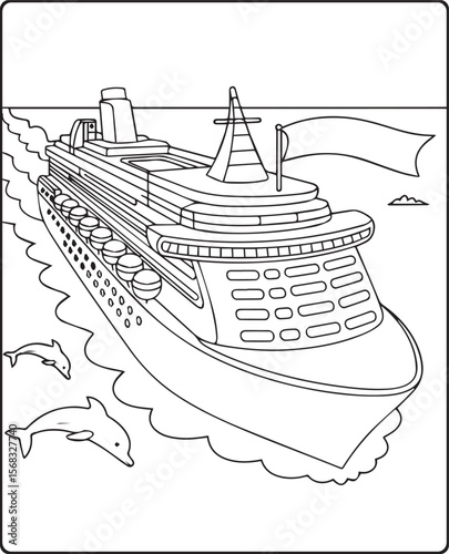 Beautiful cruise ship on sea water in natural sky scenery black vector line art illustration for children coloring page or book design