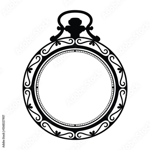 Antique Pocket Watch Frame Silhouette, Vector, Illustration, Outline, Line Art, Icon, White Background.