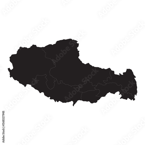 black silhouette map of tibet with internal region borders isolated on white background, vector outline