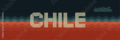 Chile Illustration with Waves and Container Ship – Modern Maritime Export Business Concept, Chilean Shipping Trade Graphic Design
