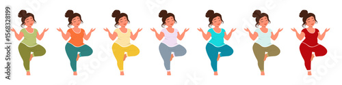 Young woman meditating on one leg set. Girl doing yoga fitness in relaxation meditation pose with eyes closed