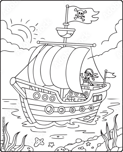 Beautiful ship on sea water in natural sky scenery black vector line art illustration for children coloring page or book design