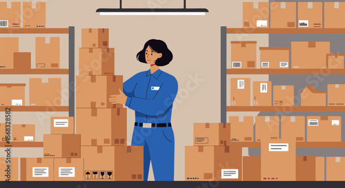 Cartoon-style warehouse worker surrounded by parcels and shipping labels.