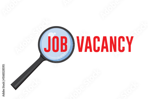 Vector of hand holding magnifying glass close up job text and vacancy text. Hiring, recruitment concept