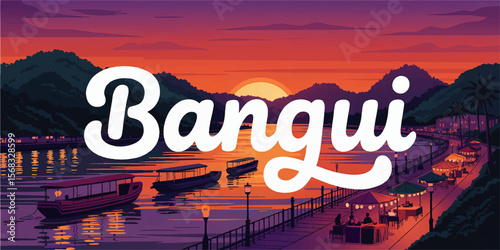 Scenic Bangui Riverside Promenade at Sunset with Boats, Outdoor Cafes, and Vibrant Mountains – Colorful Travel Illustration Art