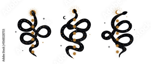 Collection of stylized Kundalini snakes. It is a symbol of spiritual awakening, vitality and inner peace. Elements of sacred geometry, mystical power.