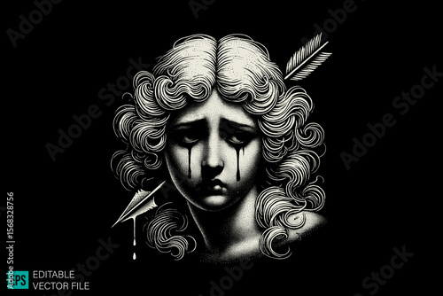 cupid sculpture scary creepy style tattoo dark art illustration vector black and white background templates