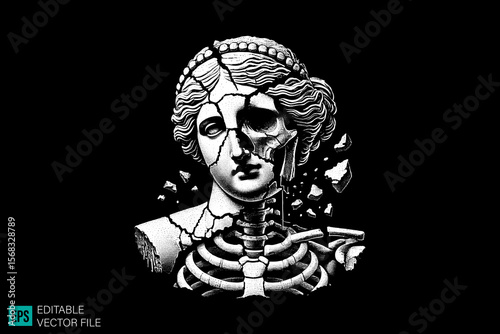 geek sculpture roman scary creepy style tattoo dark art illustration vector black and white background templates