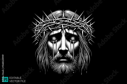 jesus head scary creepy style tattoo dark art illustration vector black and white background templates