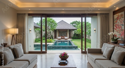 Luxurious Villa Living Room with Private Pool View