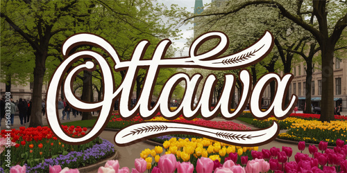 Ottawa Spring Tulip Festival Park Scene with Colorful Flowers and Decorative Calligraphy Text – Vibrant Urban Garden Landscape