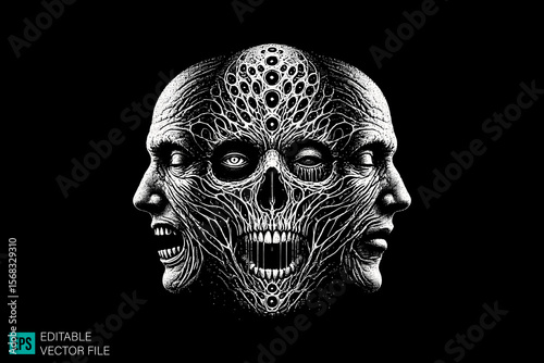screaming ghost face scary creepy style tattoo dark art illustration vector black and white background templates