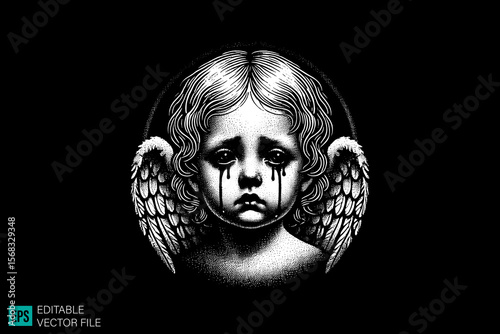 cupid sculpture scary creepy style tattoo dark art illustration vector black and white background templates