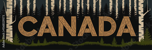 Canada Forest Illustration with Birch Trees and Pine Silhouette, Wilderness Nature Graphic, Rustic Wood Text Effect for Outdoors Promotion