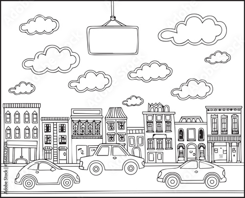 City road and building landscape black line art vector illustration for coloring page or book design for children