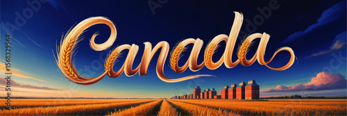 Canada Prairie Wheat Fields Sunrise Illustration with Grain Silos, Blue Sky and Calligraphy Text for Agriculture or Travel