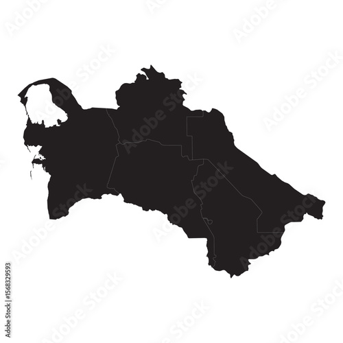 black silhouette map of turkmenistan with internal region borders isolated on white background, vector outline