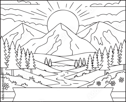 Mountain landscape with sunset scenery black line art vector illustration for coloring page or book design for children