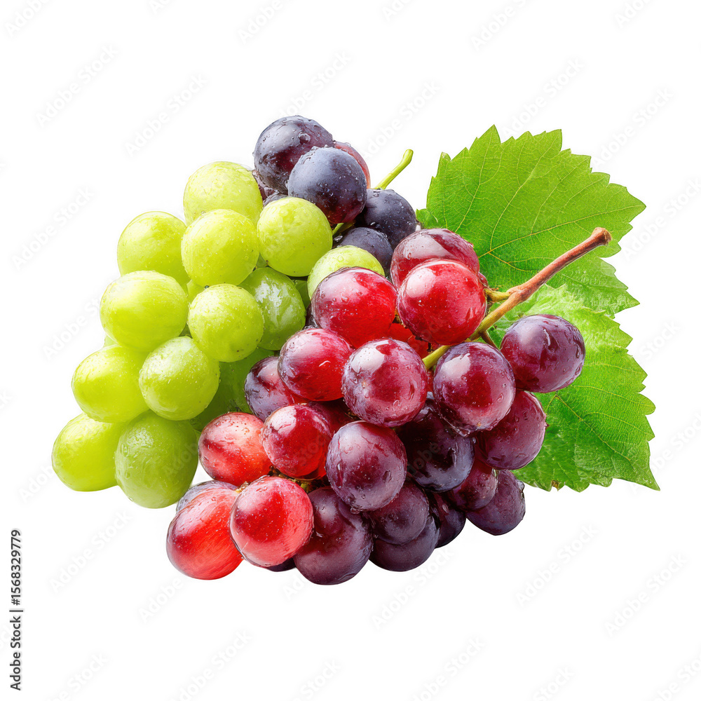 Fototapeta premium Fresh red green and purple grapes with water droplets isolated on transparent background