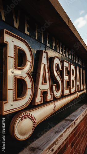 Vintage Baseball Stadium Sign Close-Up with Decorative Letters and Bat, Sports Themed Wall Art in Warm Outdoor Lighting