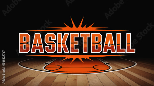 Dynamic Basketball Typography with Court Illustration – Vector Sports Banner Design, Orange Splash Text, Modern Athletic Graphic