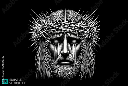 jesus head scary creepy style tattoo dark art illustration vector black and white background templates